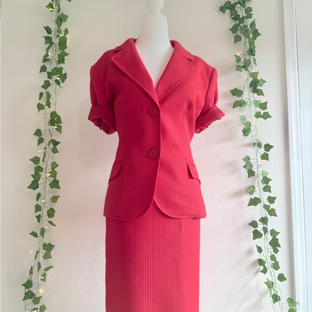 Vintage Coral Textured Skirt Suit Set Office Siren Barbiecore Size L